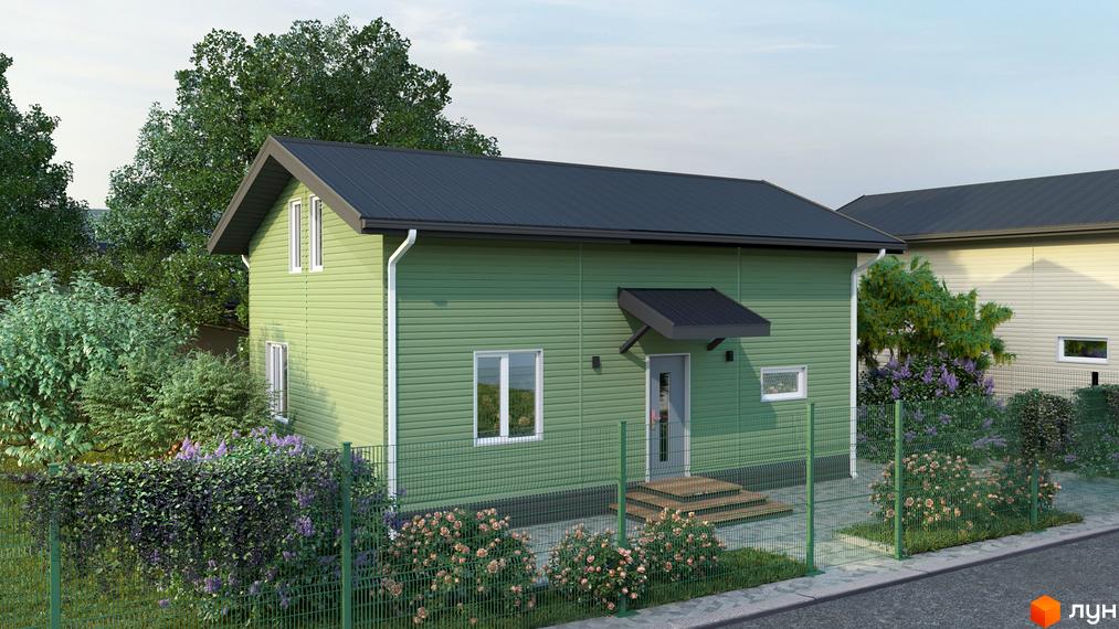 Котеджне містечко Lagom Village: зелений будинок з темним дахом та білими вікнами, огороджений зеленою сіткою з квітами та деревами.