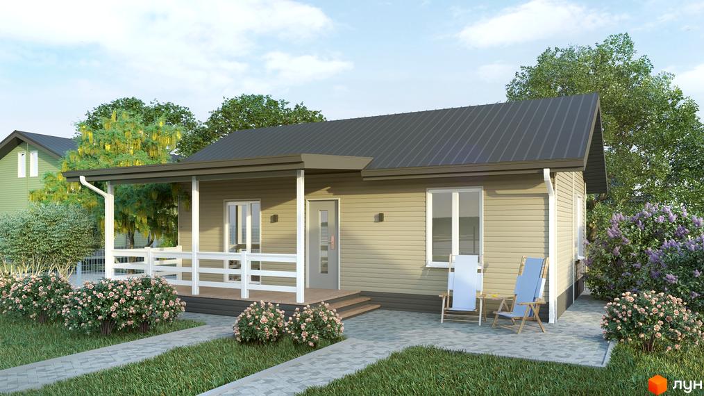 Котеджне містечко Lagom Village: одноповерховий будинок світло-бежевого кольору з верандою та білою огорожею. Навколо будинку доглянутий двір з квітучими кущами та зеленим газоном.