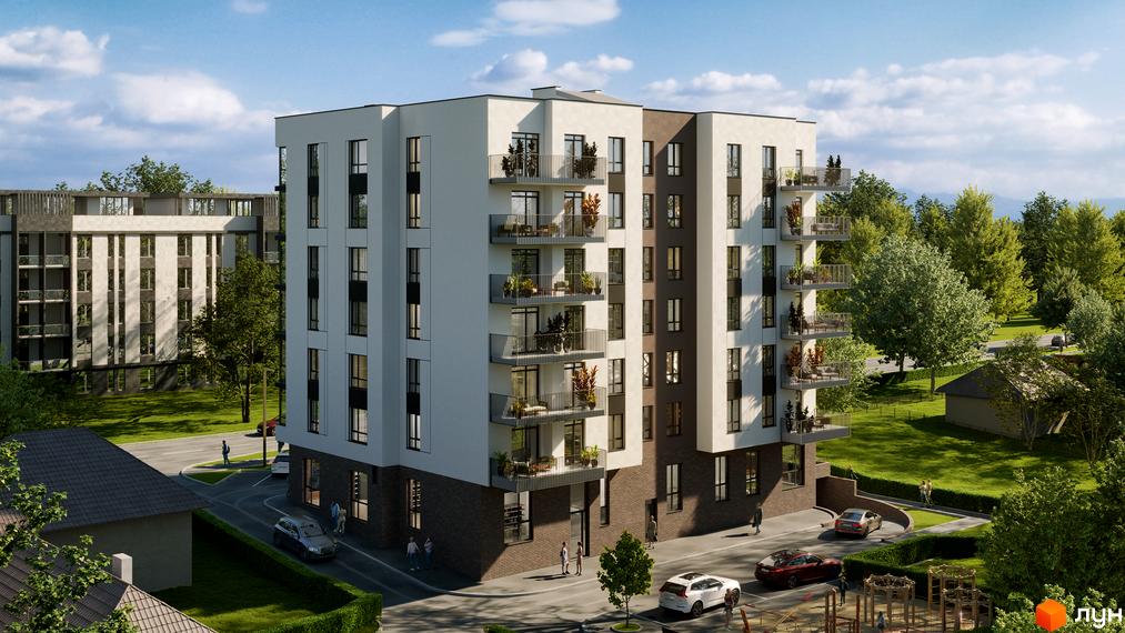 Новобудова Грушевський з балконами та вікнами, оточена деревами та доглянутою територією з дорогою та автомобілями.