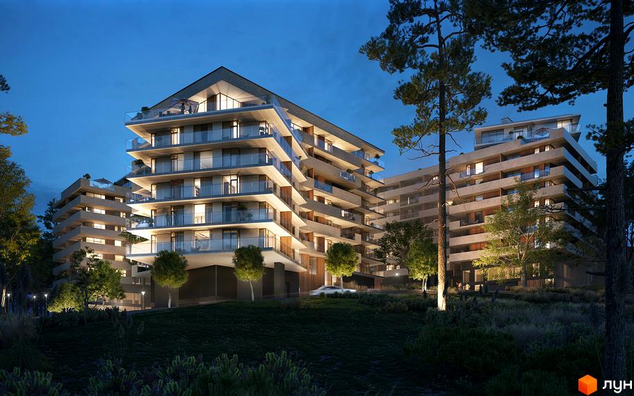 Житловий комплекс MARVEL Hill з багатоповерховими будинками та терасами, оточений деревами та зеленим ландшафтом.