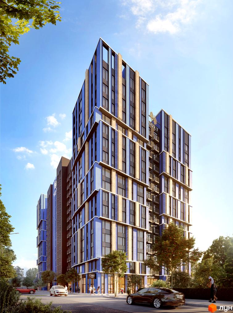Житловий комплекс One House: багатоповерхові будівлі з синьо-бежевими фасадами та балконами. Навколо зелені дерева, дорога з автомобілями та пішоходи.