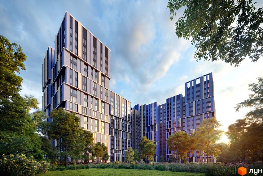 Житловий комплекс One House з високими будівлями сіро-синіх відтінків та великими вікнами, оточений зеленими газонами та деревами під хмарним небом.