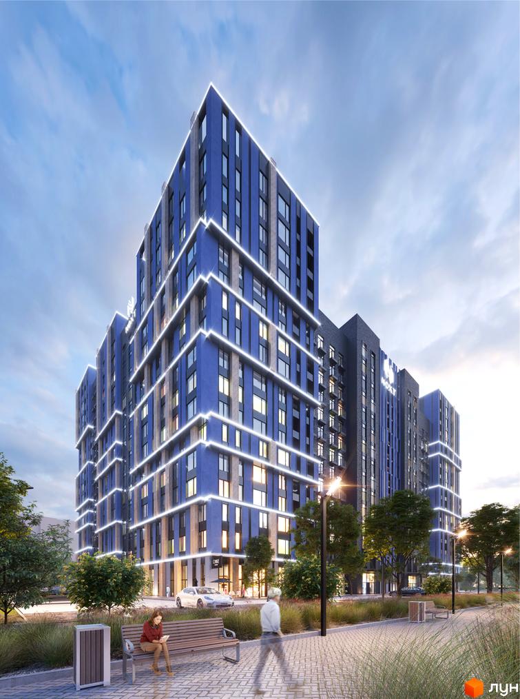 Житловий комплекс One House: багатоповерхові будинки синього та темно-сірого кольорів, підсвічені білими лініями. На передньому плані – доріжка, зелені насадження та вуличні ліхтарі.