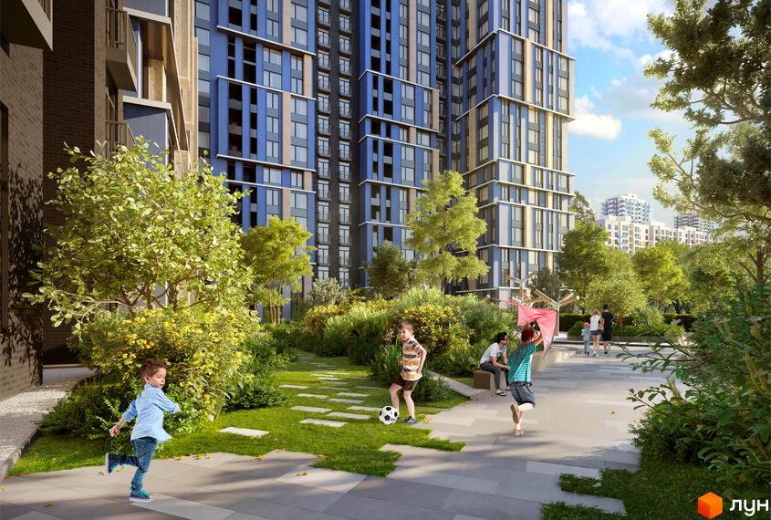 Житловий комплекс One House: багатоповерхові будинки з синьо-бежевим фасадом. Зелена прибудинкова територія з ігровими зонами та дітьми.