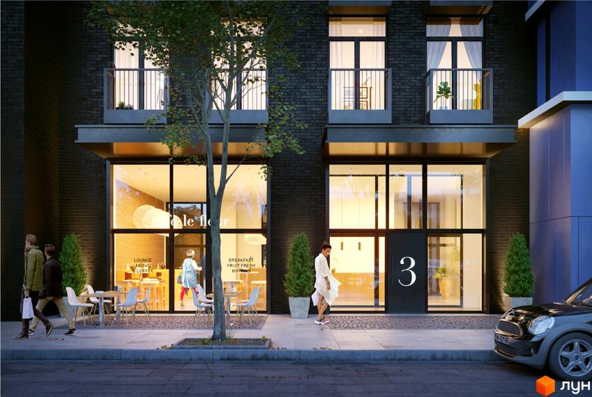 Фасад Житлового комплексу One House з темної цегли та великими вікнами. На першому поверсі кафе з терасою та вхідна група, поруч люди та припарковане авто.