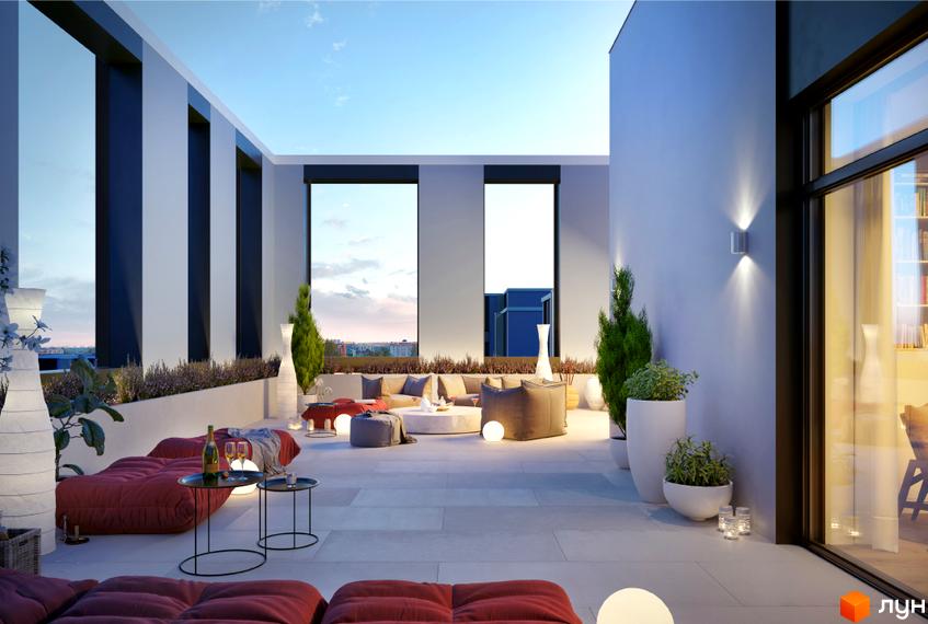 Фасад Житлового комплексу One House з високими вікнами та простора тераса з зонами відпочинку, рослинами та освітленням.