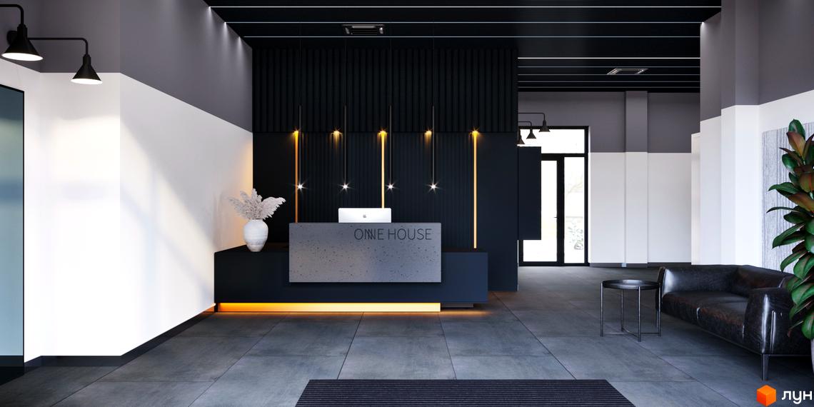 Вхідна група Житлового комплексу One House: лобі з рецепцією, чорними стінами та диваном. Приміщення оформлене у темних тонах.