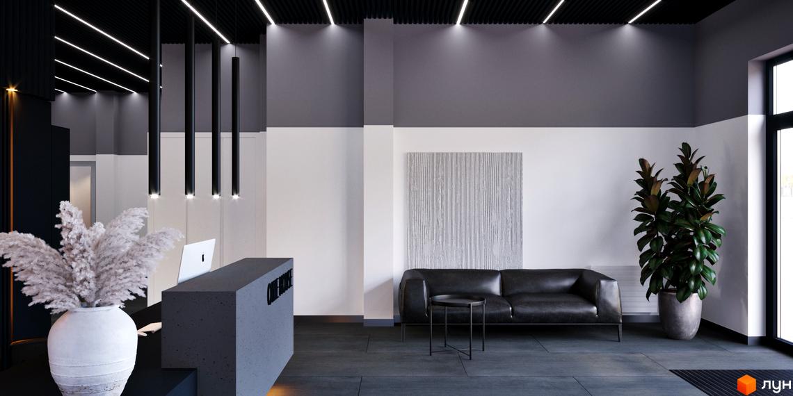 Інтер'єр лобі Житлового комплексу One House: зона очікування з чорним диваном, рецепція, великі вікна та декоративні елементи.