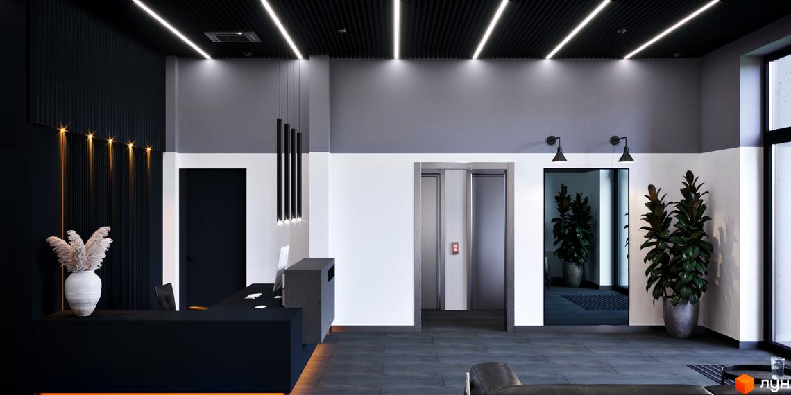 Інтер'єр вестибюля Житлового комплексу One House: темні стіни, лінійне освітлення, рецепція. У просторі розміщені ліфти та великі зелені рослини.