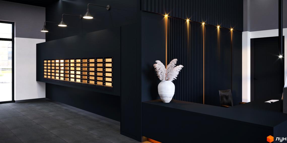Інтер'єр лобі Житлового комплексу One House: темні стіни, ряд поштових скриньок, стійка рецепції та декоративні елементи.