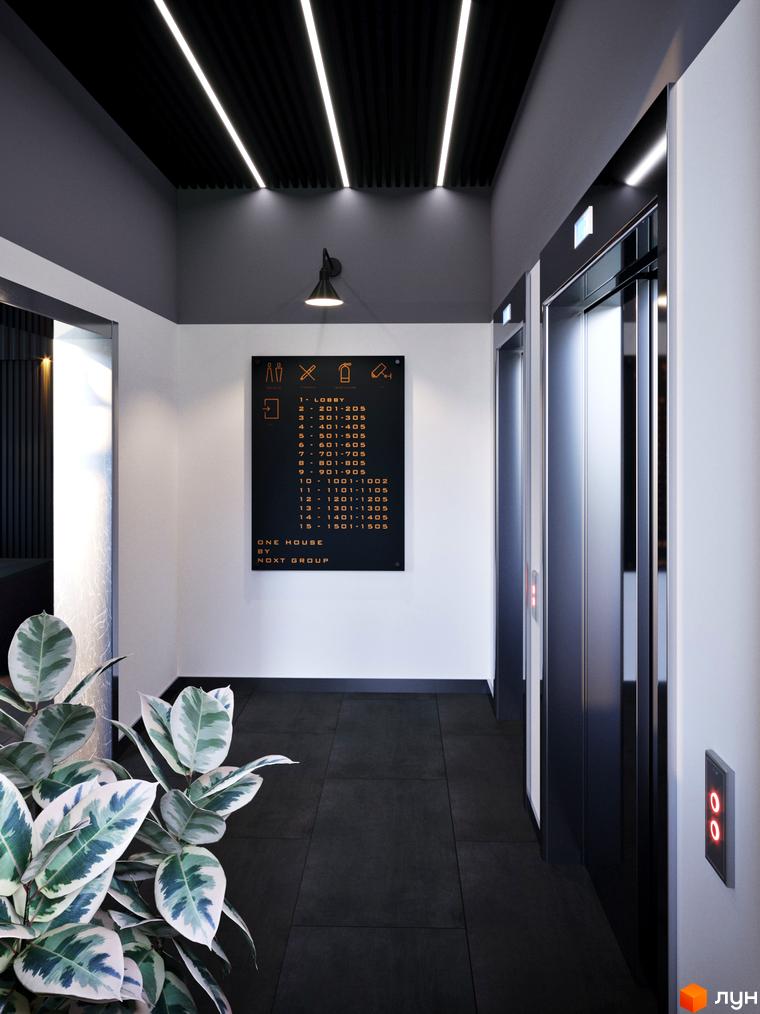 Інтер'єр холу Житлового комплексу One House: темна підлога, світлі стіни, лінійне освітлення, ліфти та інформаційна дошка.
