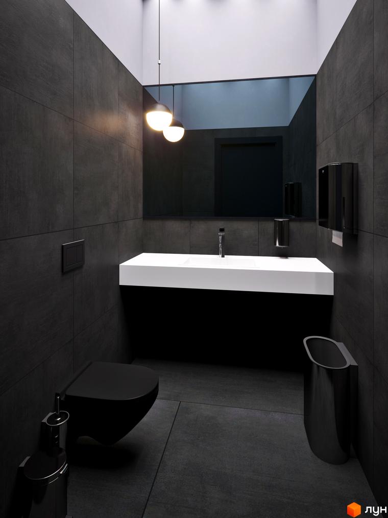 Ванна кімната в Житловому комплексі One House має темну плитку на стінах та підлозі, білу підвісну раковину та чорний унітаз.