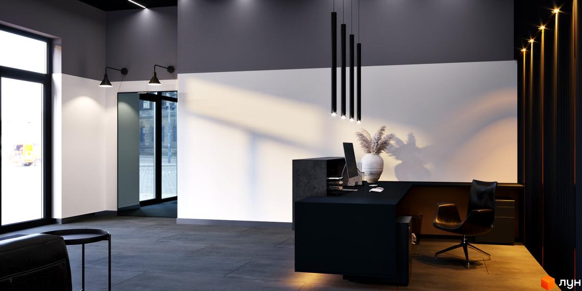 Інтер'єр лобі Житлового комплексу One House: темна стійка реєстрації, підвісні світильники, панорамні вікна та мінімалістичний дизайн.