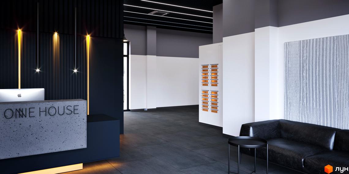 Лобі Житлового комплексу One House з рецепцією та темними стінами. Інтер'єр включає зону відпочинку з диваном та поштові скриньки.