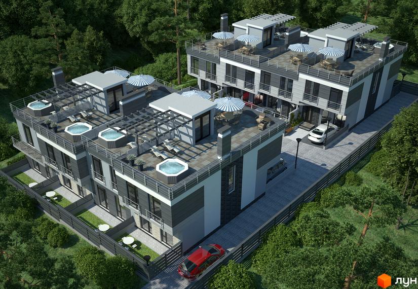 Зовнішній вигляд котеджного містечка Alabama Cottage Town з терасами та джакузі. Прибудинкова територія з зеленими насадженнями та парковкою.