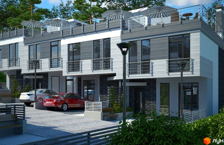 Котеджне містечко Alabama Cottage Town з сучасними фасадами та балконами, прибудинкова територія з паркуванням та зеленими насадженнями.