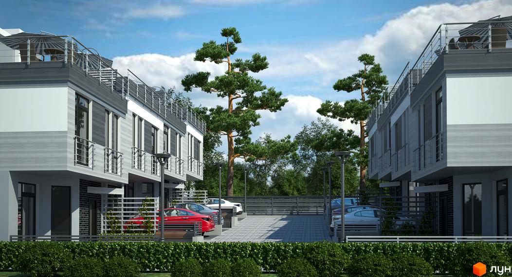 Котеджне містечко Alabama Cottage Town. Зовнішній вигляд триповерхових будинків з балконами та терасами, парковка з автомобілями та зелені насадження.