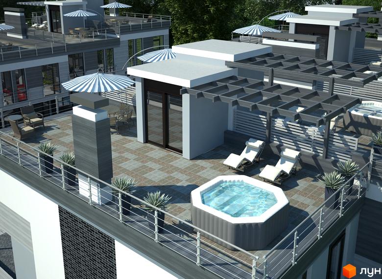 Котеджне містечко Alabama Cottage Town з терасою, джакузі та шезлонгами. Сучасна архітектура та затишна прибудинкова територія з рослинами.