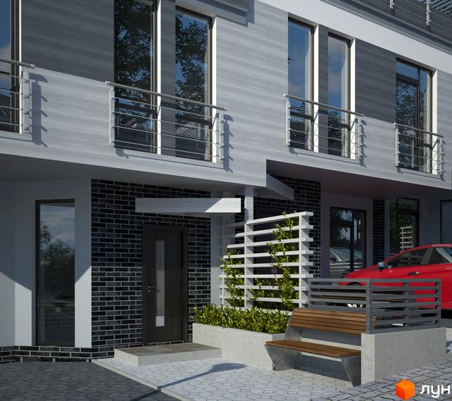 Котеджне містечко Alabama Cottage Town: фасади будинків з великими вікнами та балконами, прибудинкова територія з лавкою та зеленню.