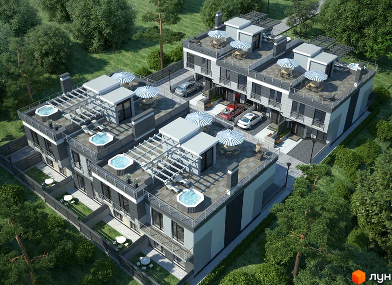 Котеджне містечко Alabama Cottage Town з терасами та джакузі. Навколо будівель зелена територія та паркомісця.