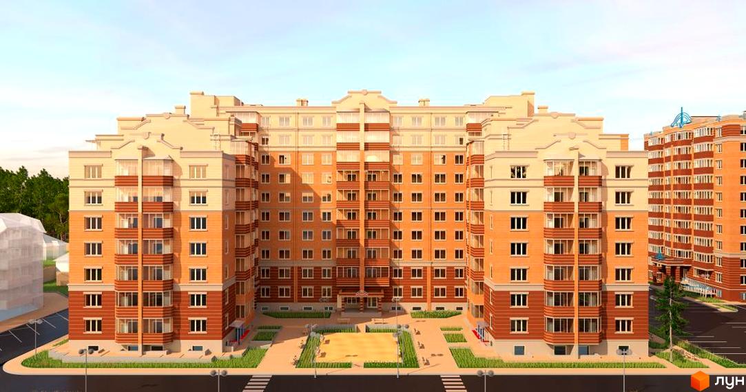 Зовнішній вигляд житлового комплексу ЖК Янтарний з червоно-бежевим фасадом. Прибудинкова територія з зеленими насадженнями та пішохідними доріжками.