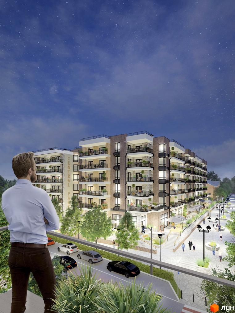 Житловий комплекс CENTRAL PARK з цегляним фасадом та балконами, що виходять на доглянуту прибудинкову територію з алеями та зонами відпочинку.