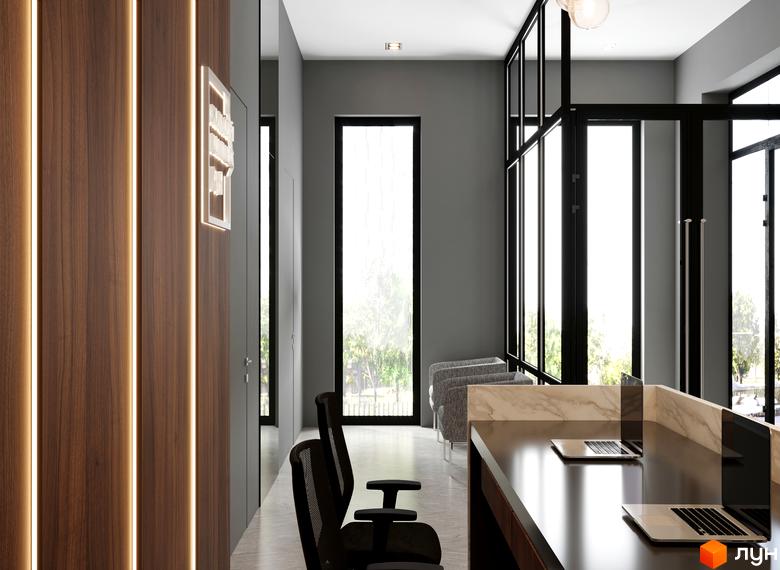 Інтер'єр офісу в ЖК А+Я: робочі місця, чорні крісла, великі вікна з видом на зелень. Стіни оздоблені деревом та підсвічуванням.