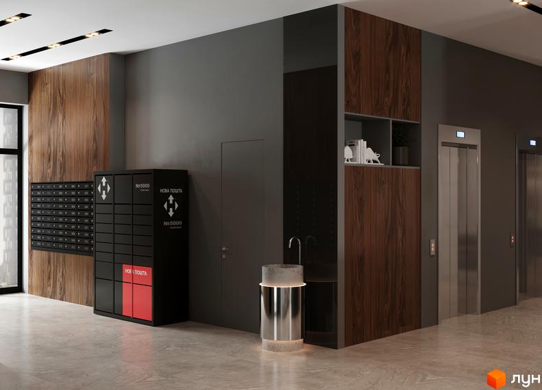 Інтер'єр холу Житлового комплексу A+Я з поштовими скриньками та ліфтами. Оздоблення стін деревом та сірою штукатуркою.