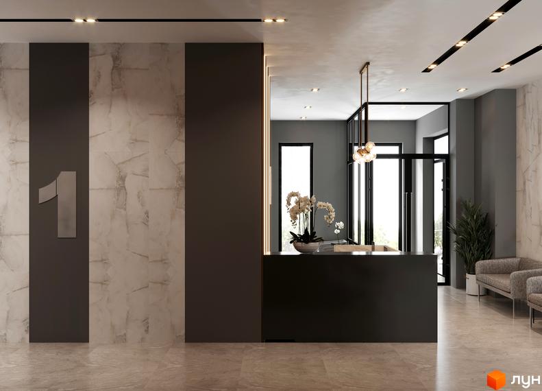 Інтер'єр холу в ЖК А+Я з великою цифрою 1, стійкою ресепшн, квітами та м'якими меблями. Світлий простір з великими вікнами та рослинами.