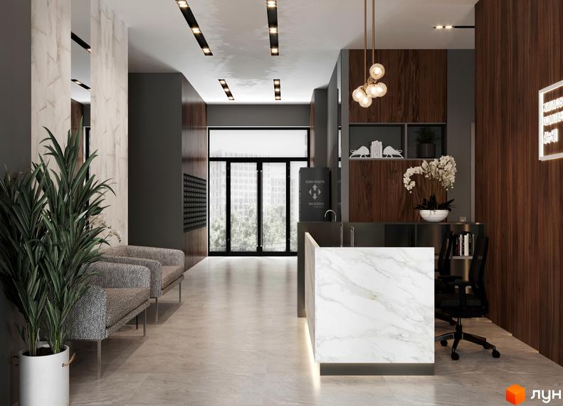 Інтер'єр вхідної групи Житлового комплексу A+Я з зоною очікування та стійкою ресепшн. Вигляд з великим вікном та озелененням.