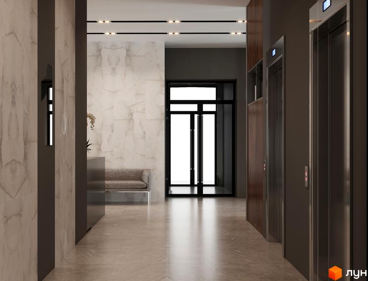 Інтер'єр холу Житлового комплексу A+Я з ліфтами, зоною очікування та виходом на вулицю. Світлий простір з сучасним дизайном.