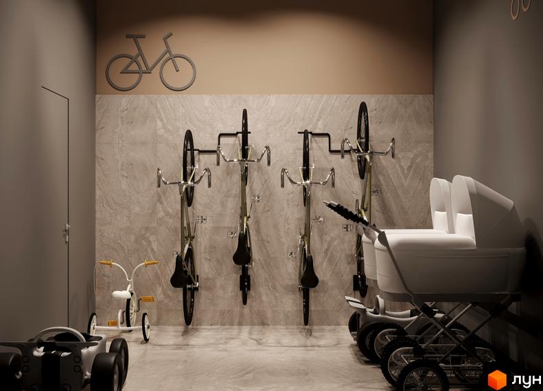 Інтер'єр приміщення для зберігання велосипедів та дитячих візочків у Житловому комплексі A+Я.