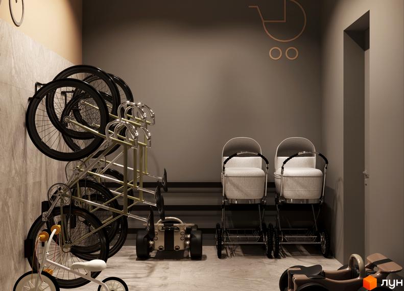 Інтер'єр приміщення для дитячих візочків та велосипедів у Житловому комплексі A+Я.