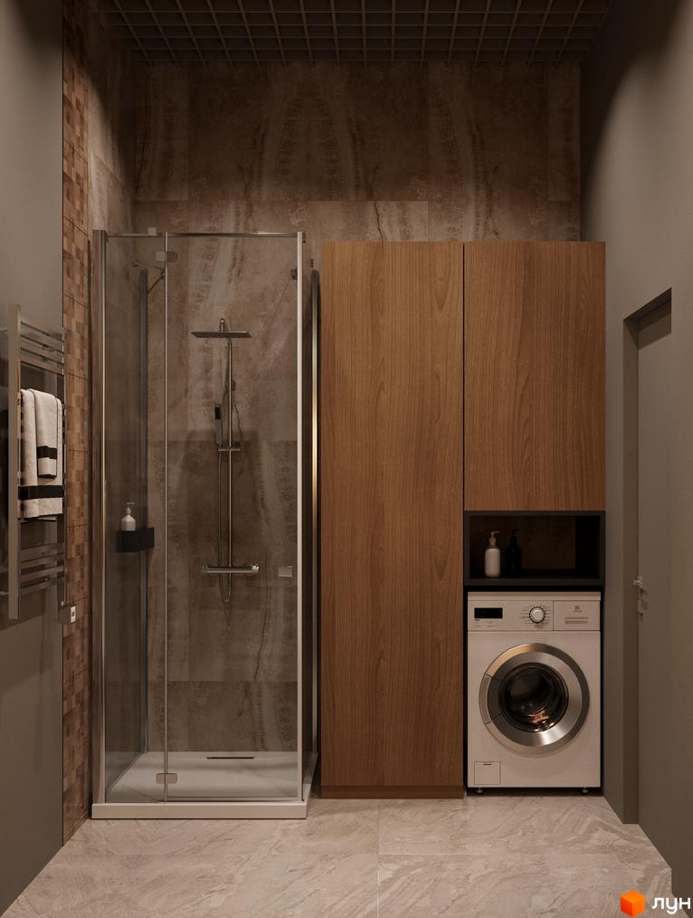 Інтер'єр ванної кімнати з душовою кабіною, пральною машиною та шафами з дерев'яними фасадами. Стіни оздоблені плиткою.