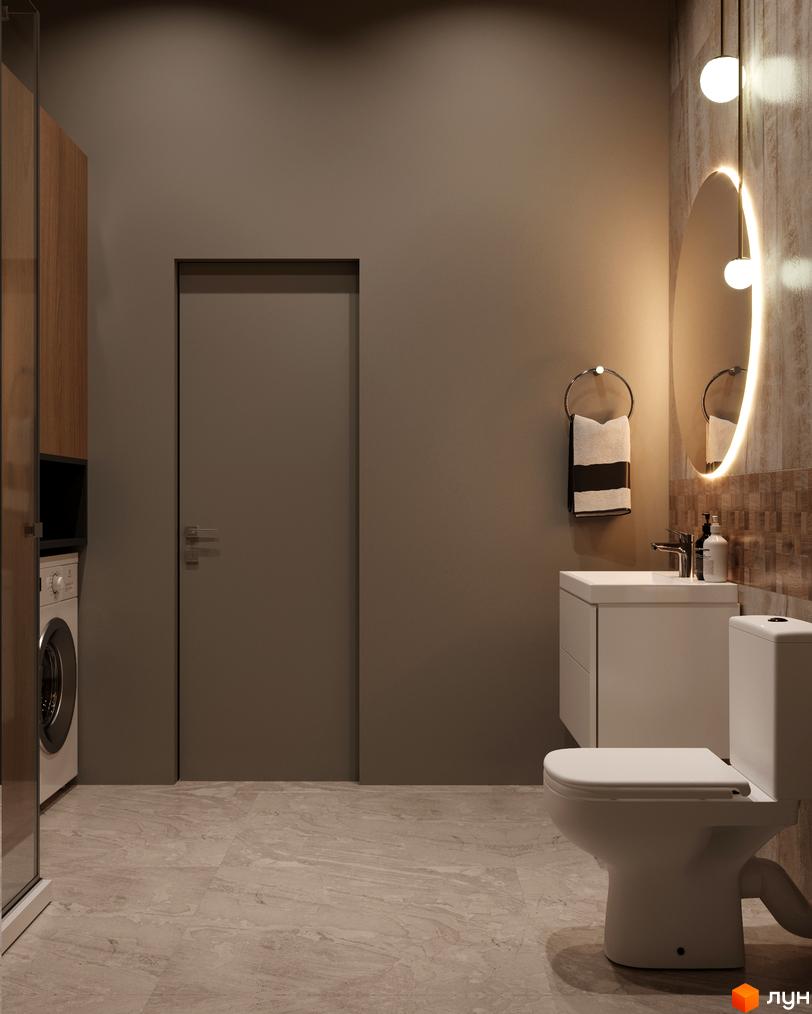 Інтер'єр ванної кімнати в Житловому комплексі A+Я: біла сантехніка, велике дзеркало з підсвічуванням, пральна машина.