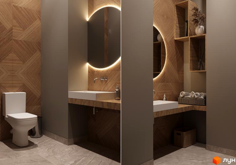 Інтер'єр ванної кімнати в Житловому районі A+Я з круглим дзеркалом з підсвіткою та дерев'яним оздобленням стін.