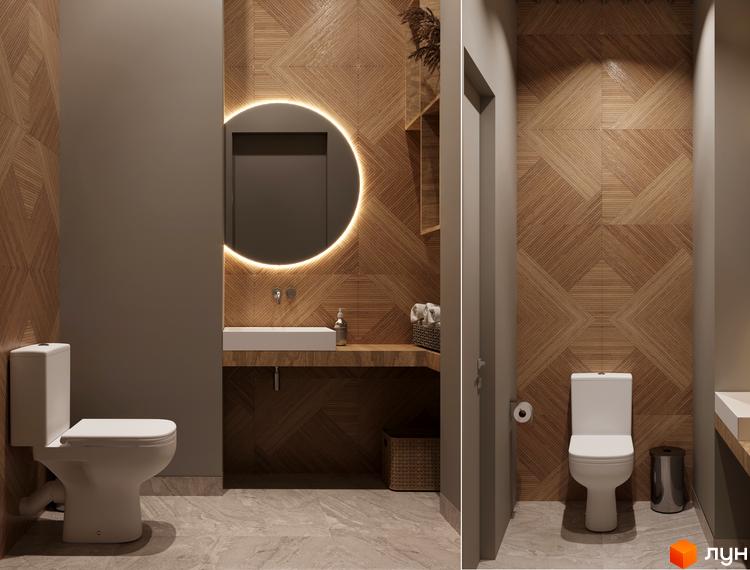 Інтер'єр ванної кімнати з круглим дзеркалом та дерев'яним оздобленням стін. Умивальник з тумбою та унітаз в сучасному дизайні.