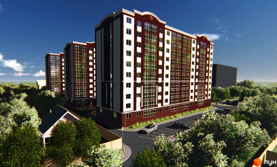 Житловий комплекс Вишнева оселя з сучасною архітектурою та прибудинковою територією, озелененою деревами.