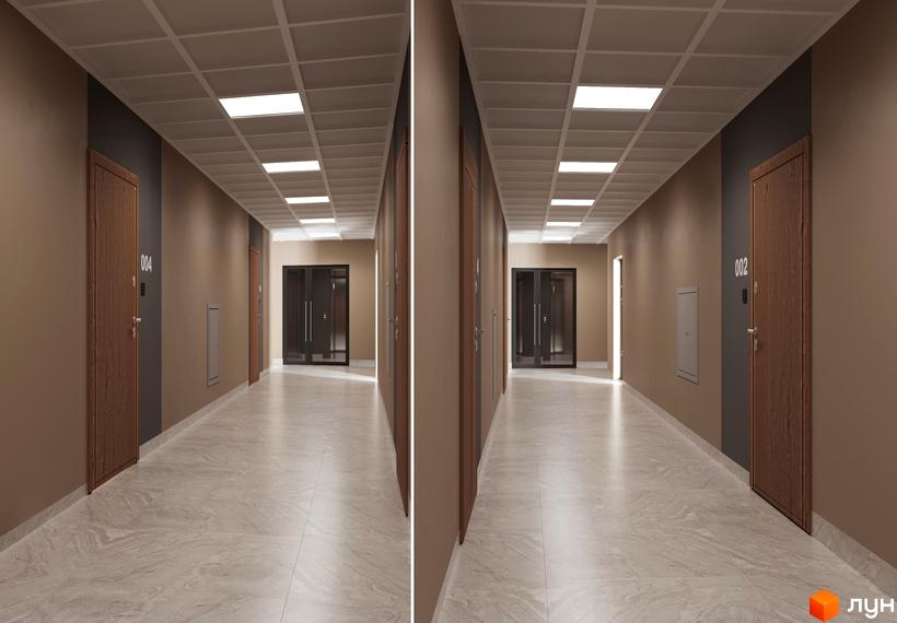 Інтер'єр коридору в Житловому комплексі A+Я з дверима до квартир та освітленням на стелі. Вигляд внутрішнього простору новобудови.