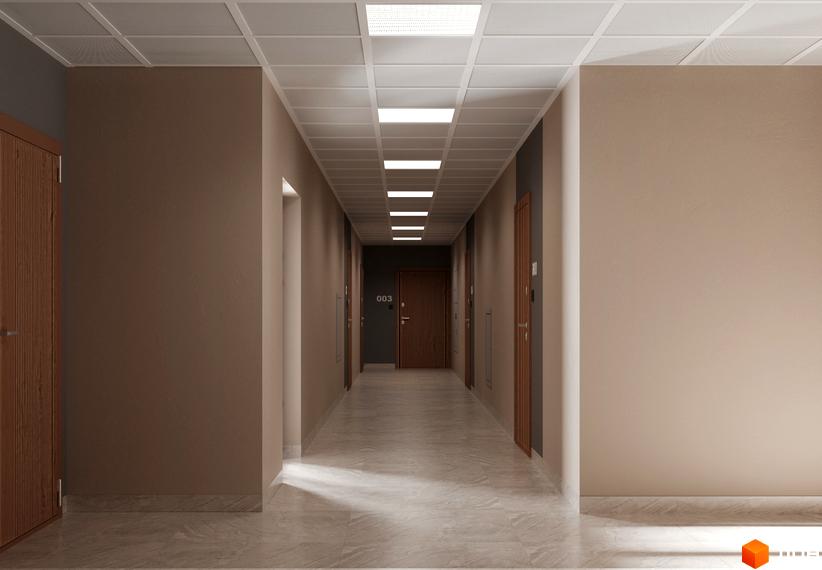 Інтер'єр коридору в Житловому комплексі A+Я з дверима та освітленням. Вигляд на внутрішній простір будівлі.