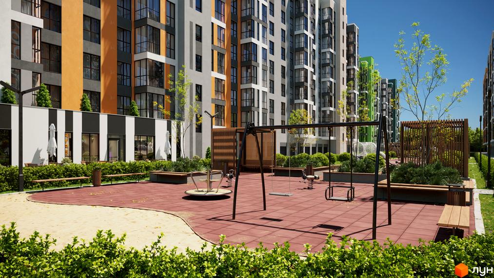 Житловий комплекс Рідний Дім з дитячим майданчиком та зонами відпочинку. Сучасна архітектура будинків та доглянута прибудинкова територія.