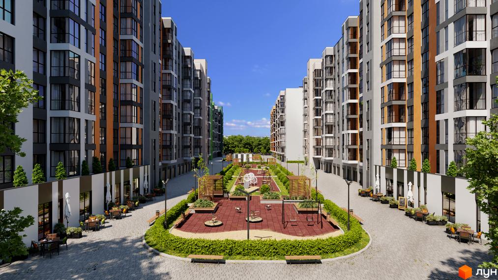 Житловий комплекс Рідний Дім з архітектурою у сірих тонах та дитячим майданчиком у дворі. Простора прибудинкова територія з ландшафтним дизайном.