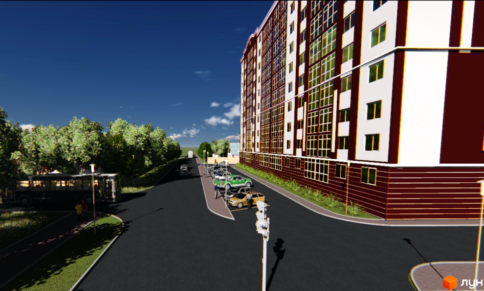 Житловий комплекс Вишнева оселя з сучасною архітектурою, прибудинкова територія з зеленими насадженнями та паркувальними місцями.