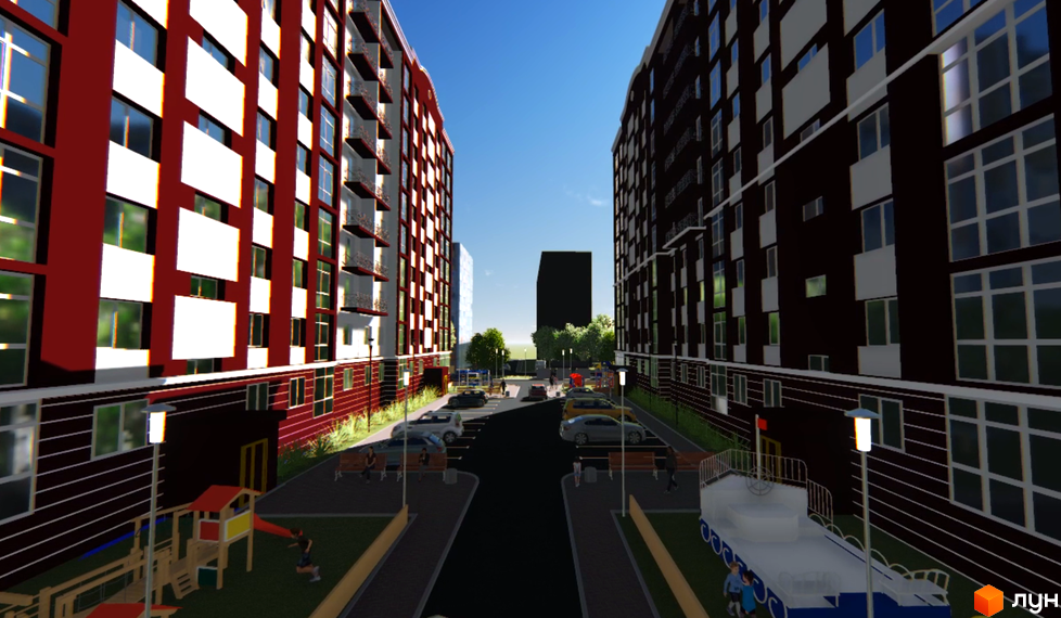 Житловий комплекс Вишнева оселя з сучасними будинками та прибудинковою територією, що включає дитячий майданчик і парковку.