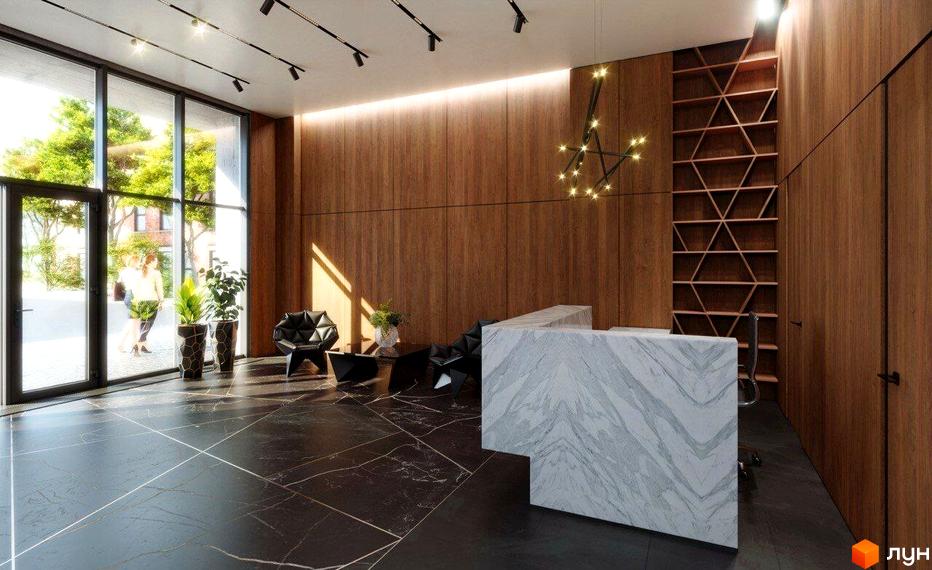 Інтер'єр холу в Житловому районі AURORA з мармуровою стійкою реєстрації та дерев'яними панелями на стінах.