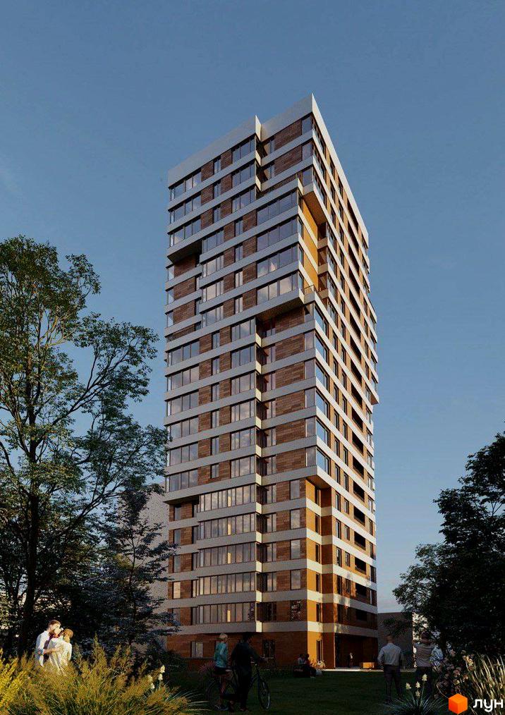 Зображення висотного будинку Житлового комплексу AURORA з великими вікнами та прибудинковою територією з деревами.