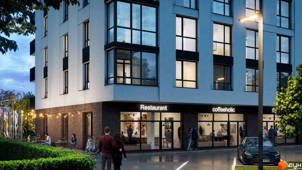 Зовнішній вигляд новобудови ЖК Грушевський з фасадом світлого кольору та великими вікнами. Прибудинкова територія з терасою та освітленням.