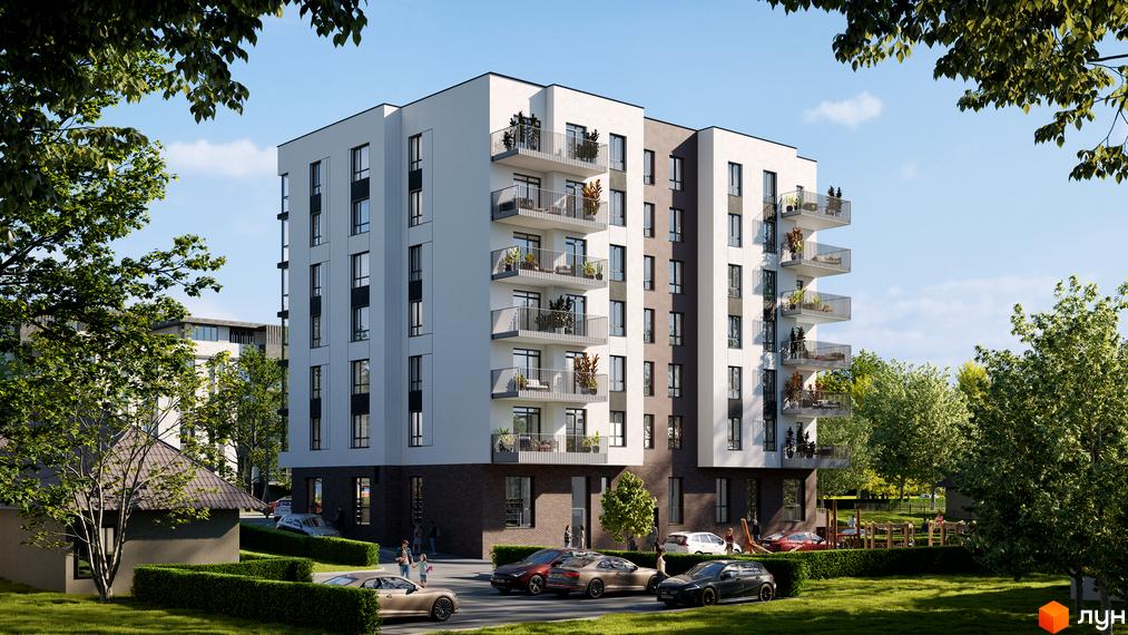 Зовнішній вигляд житлового комплексу Грушевський з балконами та паркуванням. Навколо будинку зелена зона та дерева.