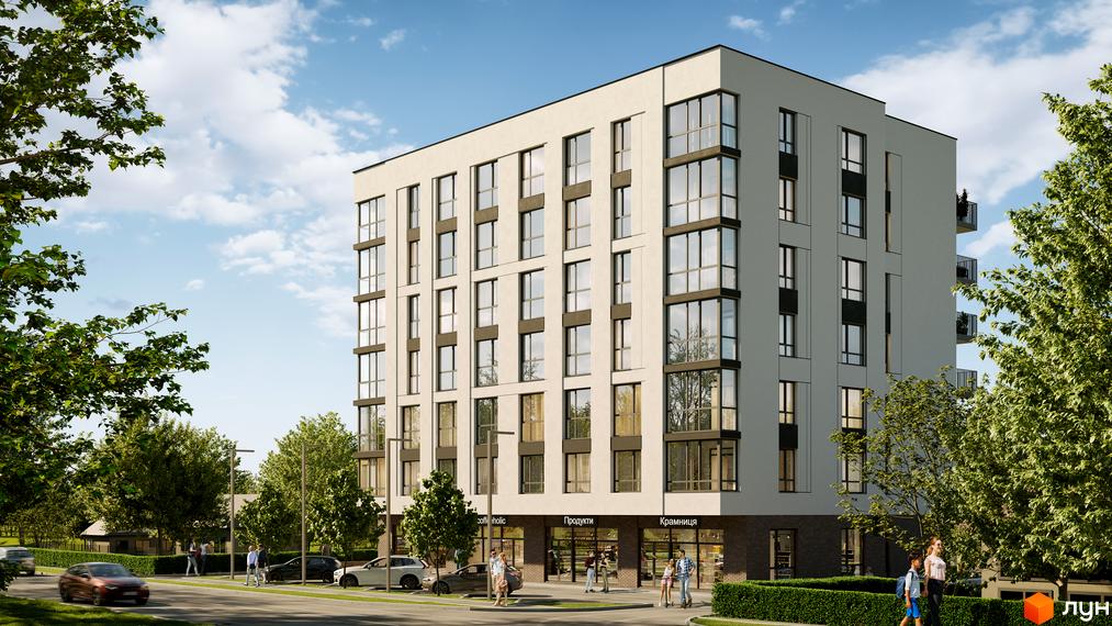 Новобудова ЖК Грушевський має світлий фасад з великими вікнами та балконами. Навколо будинку розташовані зелені насадження та доглянута прибудинкова територія.