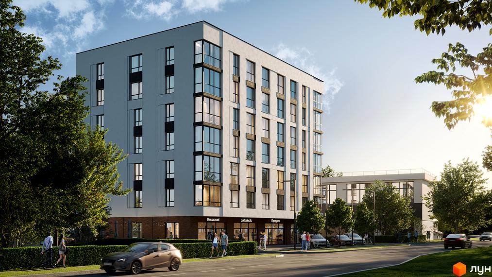 Зовнішній вигляд житлового комплексу Грушевський з великою кількістю вікон та балконів. Прибудинкова територія з деревами та дорогою.